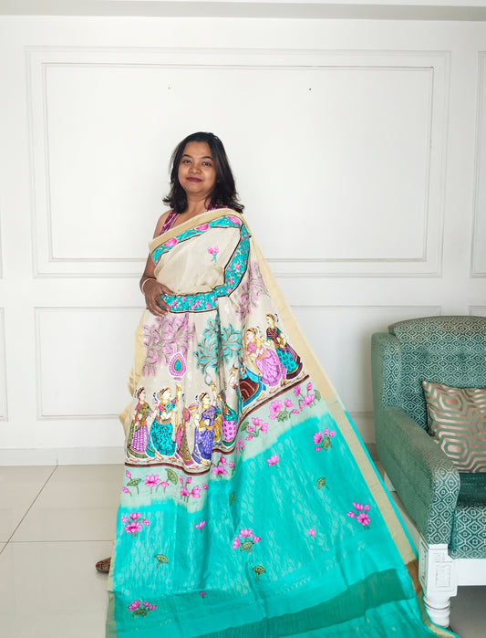 Krishna Raasleela on handloom Vegan Silk - Hand-painted Patachitra Saree with blouse