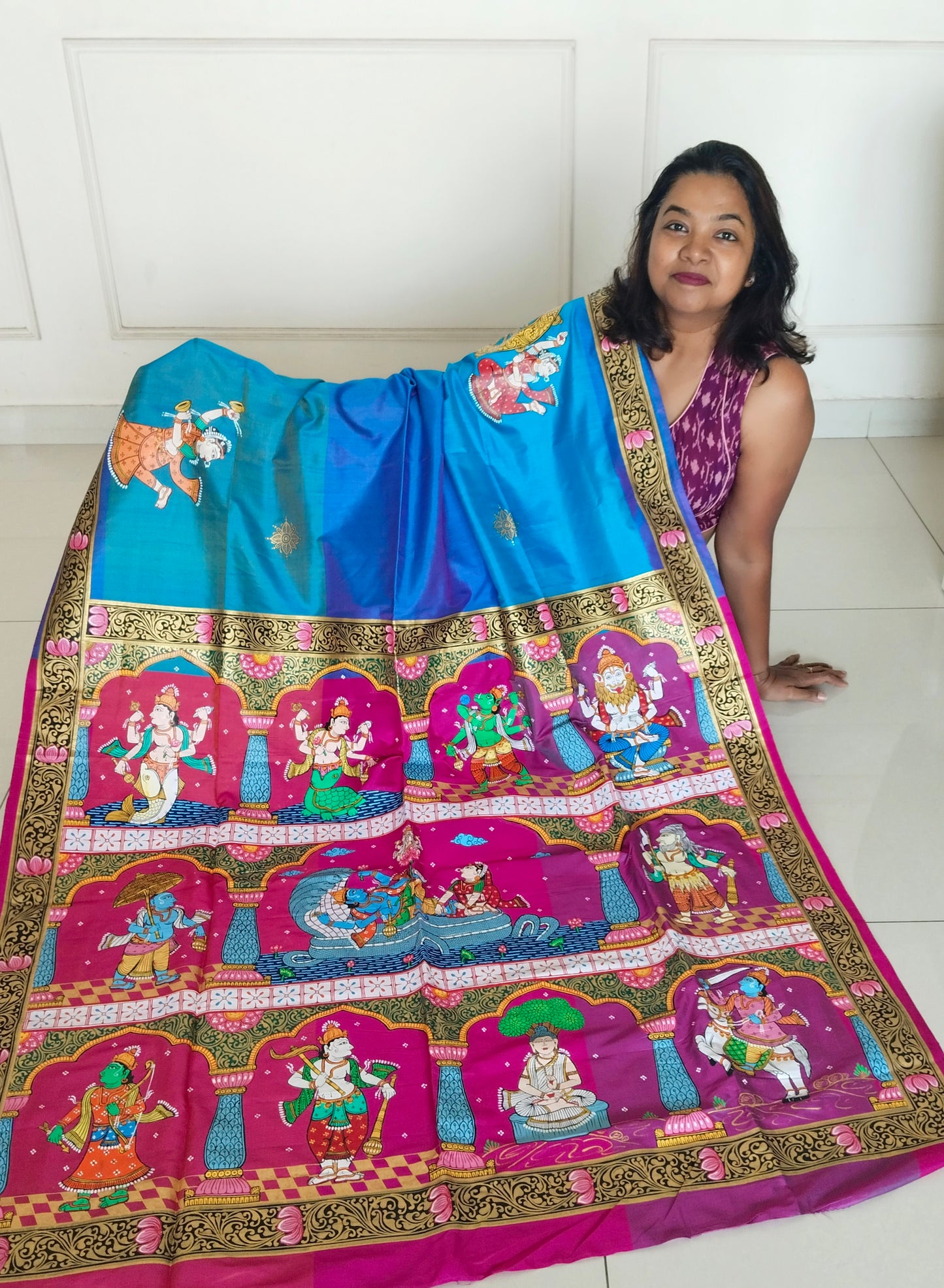 Divine Dashavatara-Anant Shayan Patachitra Artwork 3D Katan Mulberry Silk Saree