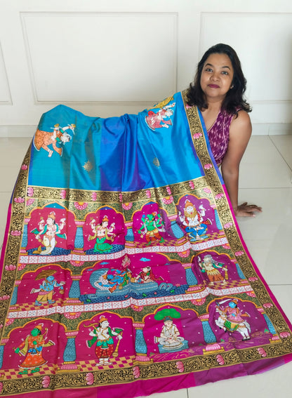 Divine Dashavatara-Anant Shayan Patachitra Artwork 3D Katan Mulberry Silk Saree