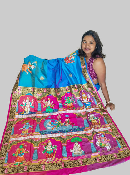 Divine Dashavatara-Anant Shayan Patachitra Artwork 3D Katan Mulberry Silk Saree