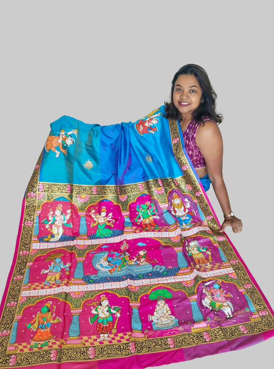 Divine Dashavatara-Anant Shayan Patachitra Artwork 3D Katan Mulberry Silk Saree