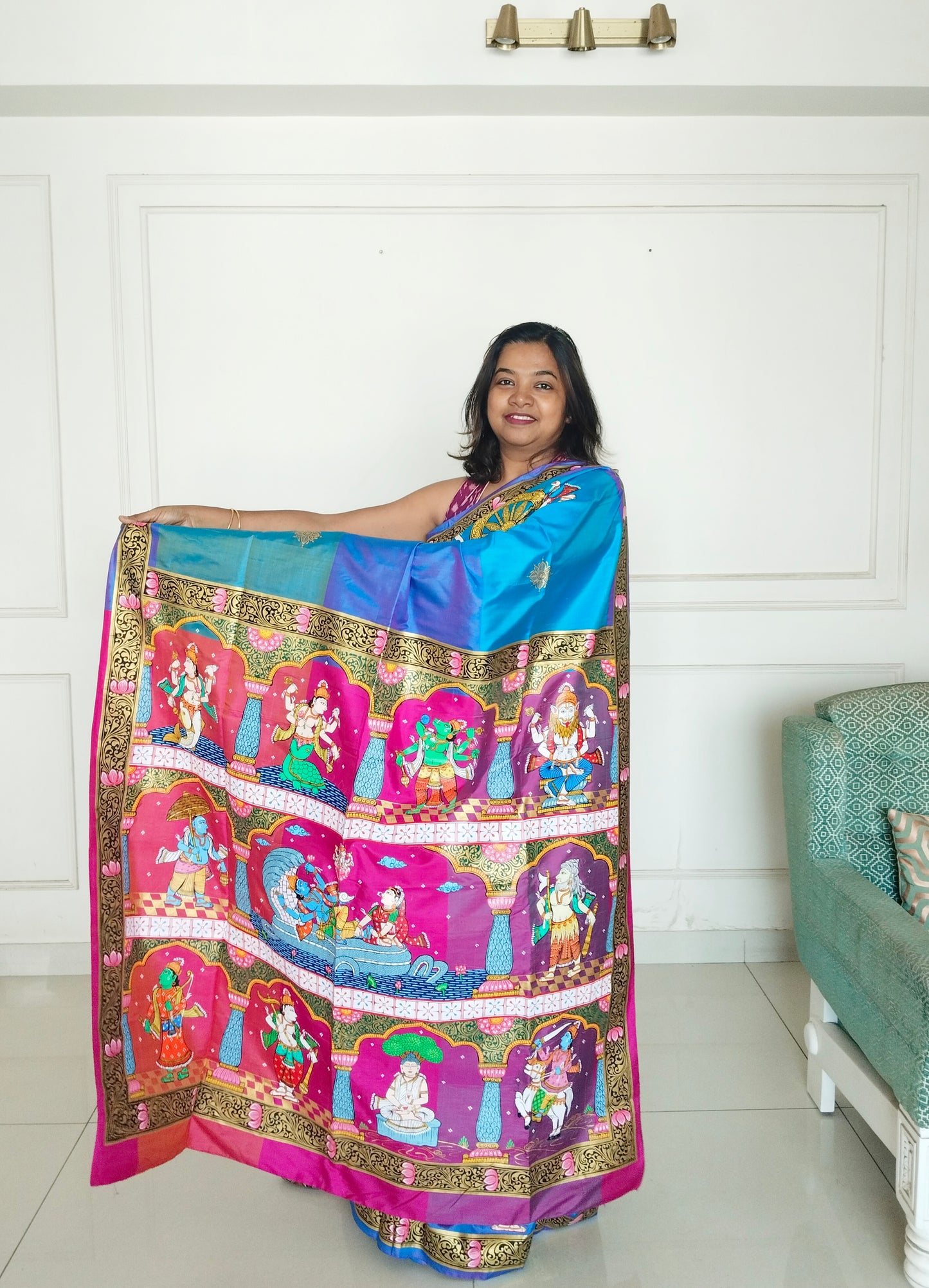 Divine Dashavatara-Anant Shayan Patachitra Artwork 3D Katan Mulberry Silk Saree