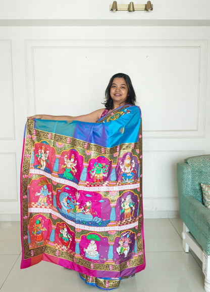 Divine Dashavatara-Anant Shayan Patachitra Artwork 3D Katan Mulberry Silk Saree