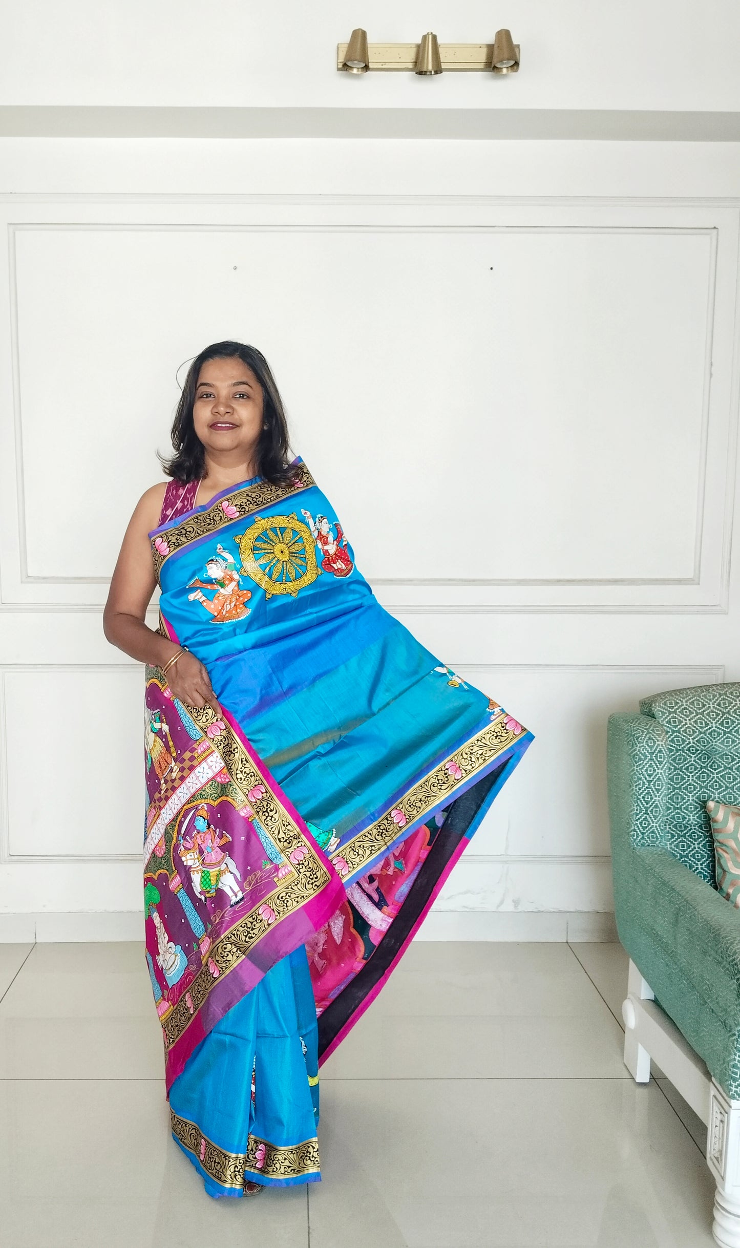 Divine Dashavatara-Anant Shayan Patachitra Artwork 3D Katan Mulberry Silk Saree