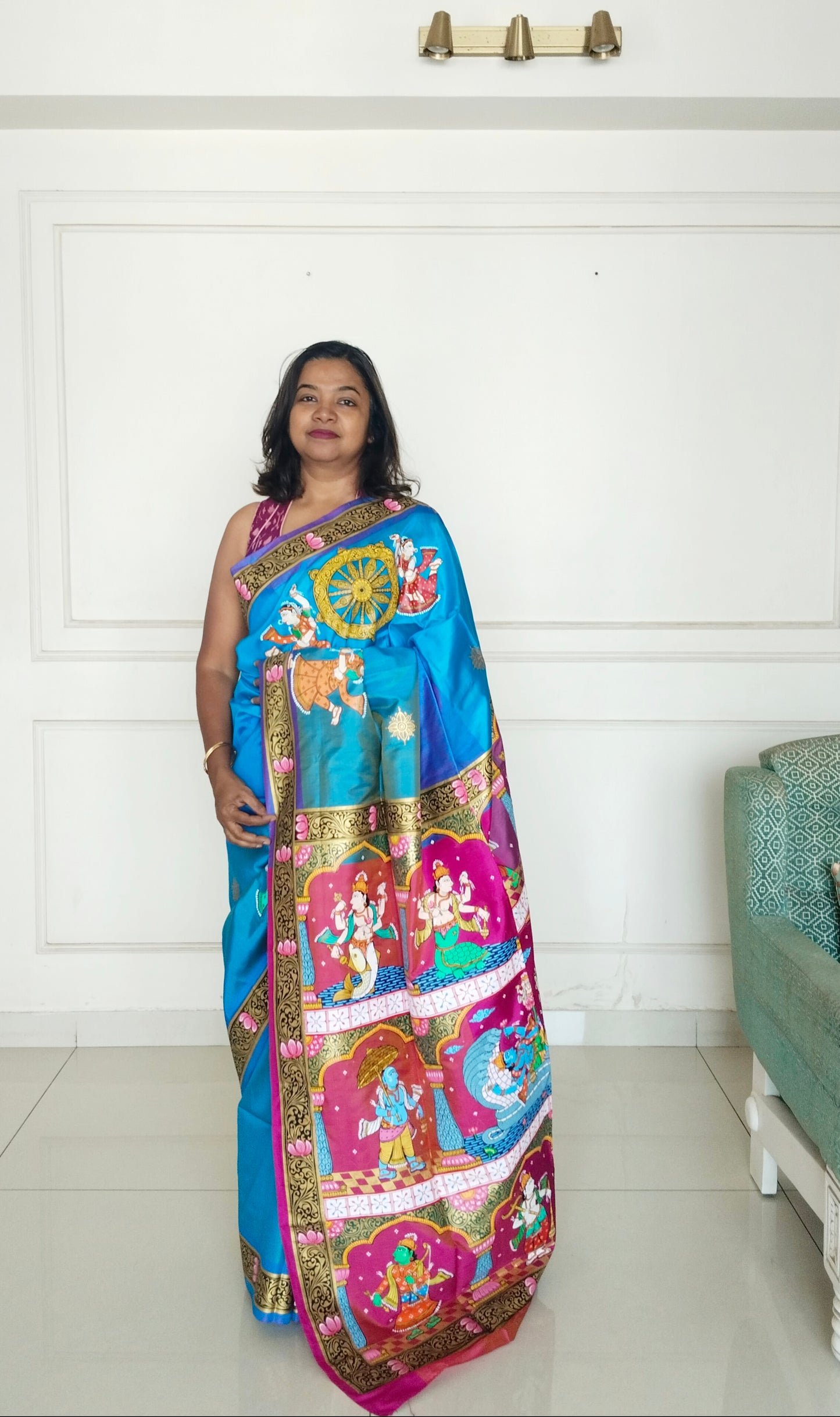 Divine Dashavatara-Anant Shayan Patachitra Artwork 3D Katan Mulberry Silk Saree