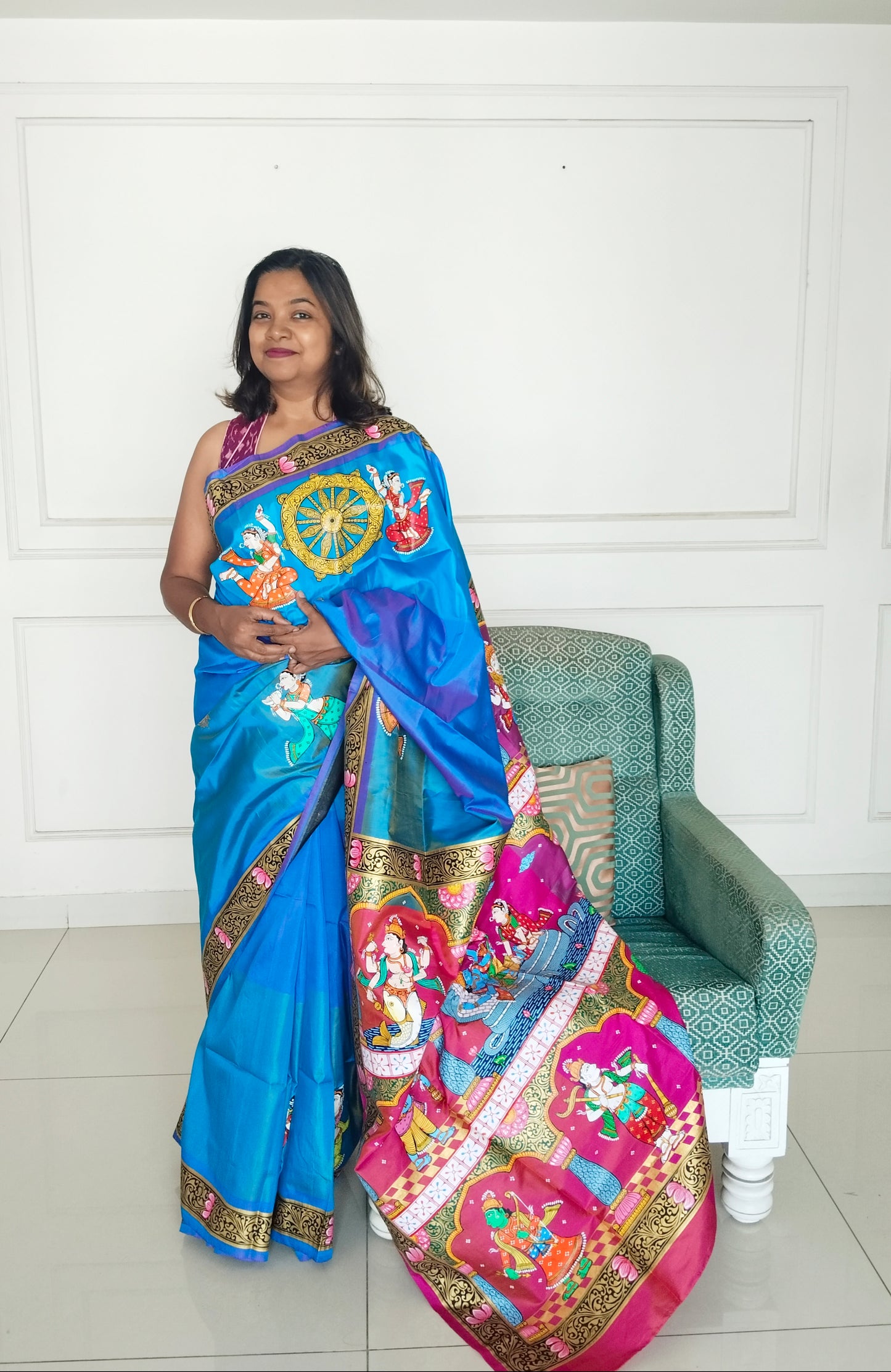 Divine Dashavatara-Anant Shayan Patachitra Artwork 3D Katan Mulberry Silk Saree