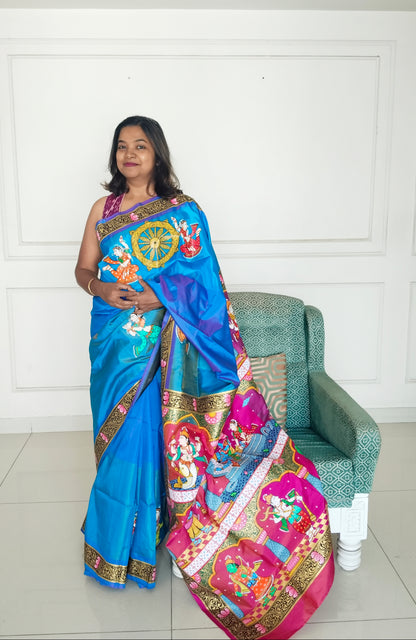 Divine Dashavatara-Anant Shayan Patachitra Artwork 3D Katan Mulberry Silk Saree
