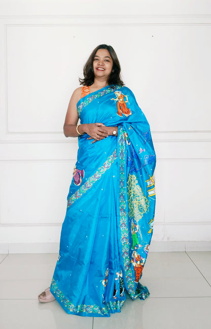 Boita Bandana on silk/vegan silk - Hand-Painted Patachitra Saree