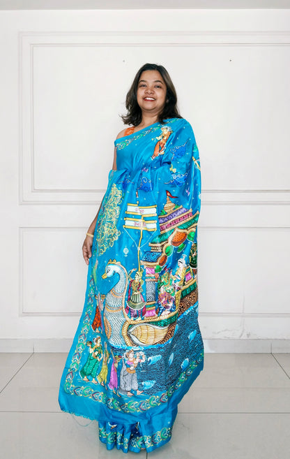 Boita Bandana on silk/vegan silk - Hand-Painted Patachitra Saree