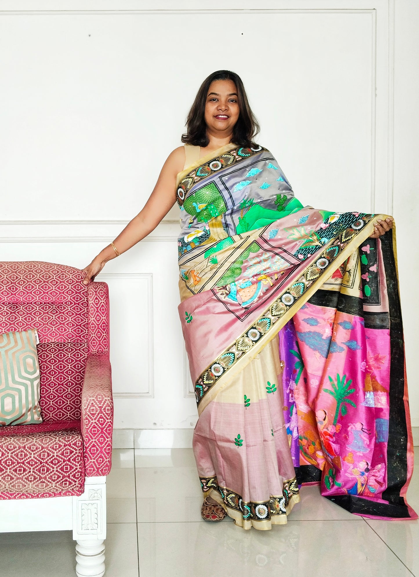 "Divine Indra Puja: Earth Harmony" 3D Katan Mulberry Silk Saree - Signature Saree