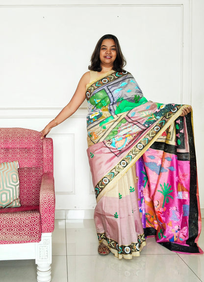 "Divine Indra Puja: Earth Harmony" 3D Katan Mulberry Silk Saree - Signature Saree