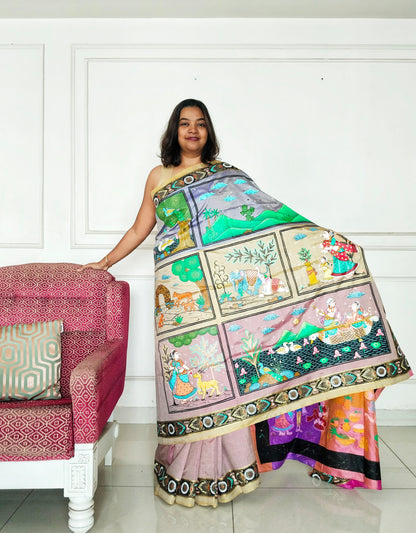 "Divine Indra Puja: Earth Harmony" 3D Katan Mulberry Silk Saree - Signature Saree