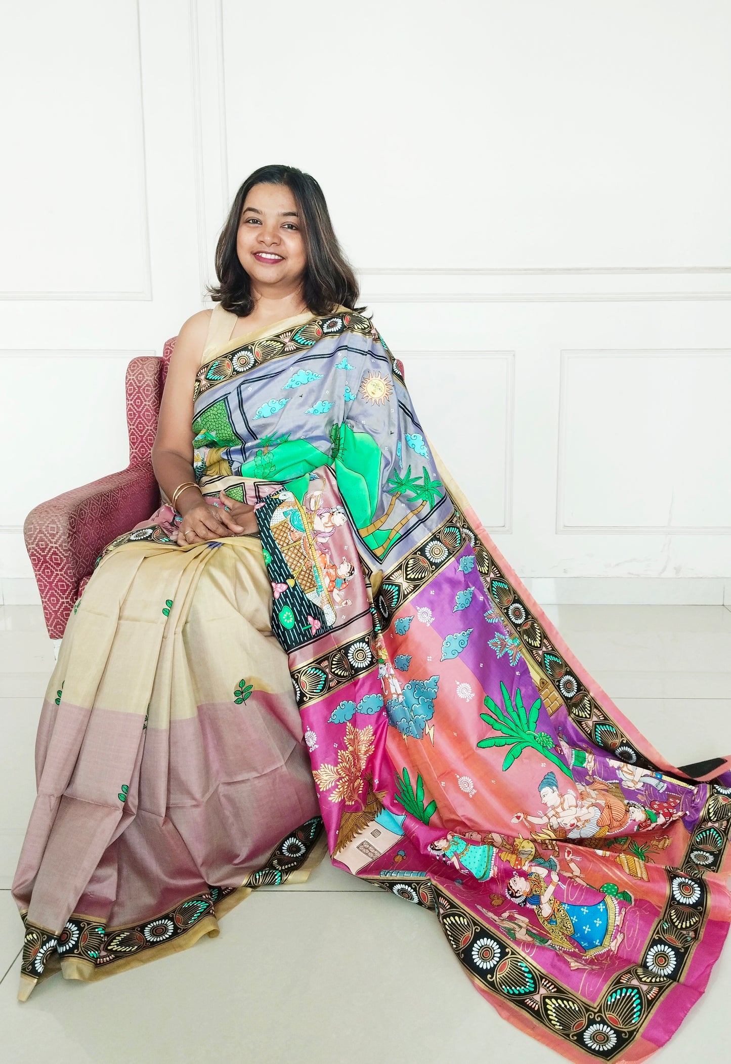 "Divine Indra Puja: Earth Harmony" 3D Katan Mulberry Silk Saree - Signature Saree