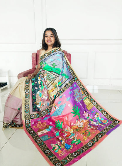 "Divine Indra Puja: Earth Harmony" 3D Katan Mulberry Silk Saree - Signature Saree