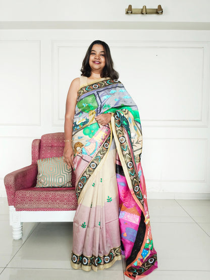 "Divine Indra Puja: Earth Harmony" 3D Katan Mulberry Silk Saree - Signature Saree