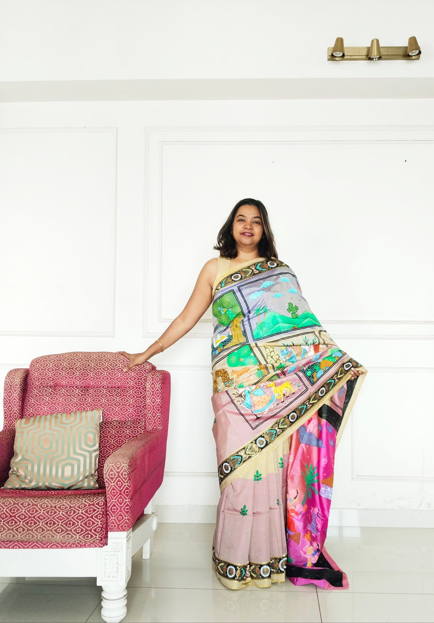 "Divine Indra Puja: Earth Harmony" 3D Katan Mulberry Silk Saree - Signature Saree