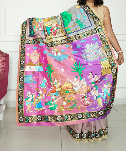 "Divine Indra Puja: Earth Harmony" 3D Katan Mulberry Silk Saree - Signature Saree