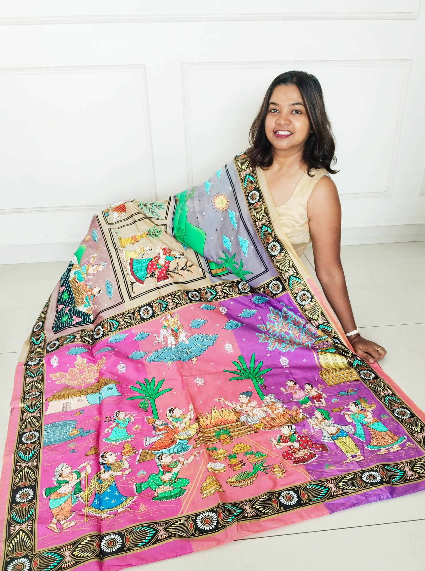 "Divine Indra Puja: Earth Harmony" 3D Katan Mulberry Silk Saree - Signature Saree