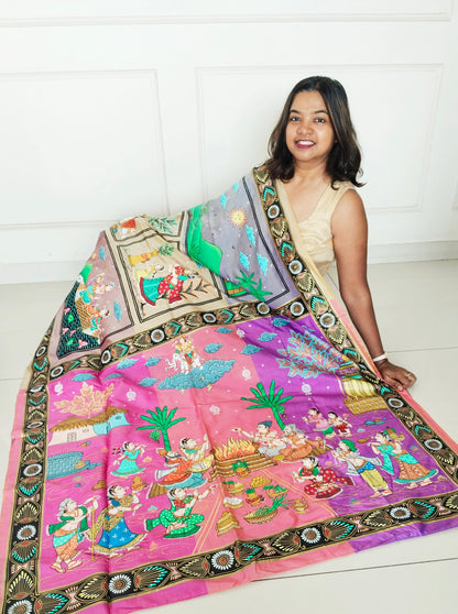 "Divine Indra Puja: Earth Harmony" 3D Katan Mulberry Silk Saree - Signature Saree