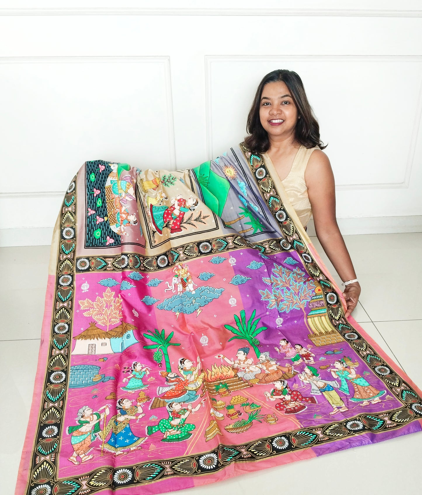 "Divine Indra Puja: Earth Harmony" 3D Katan Mulberry Silk Saree - Signature Saree