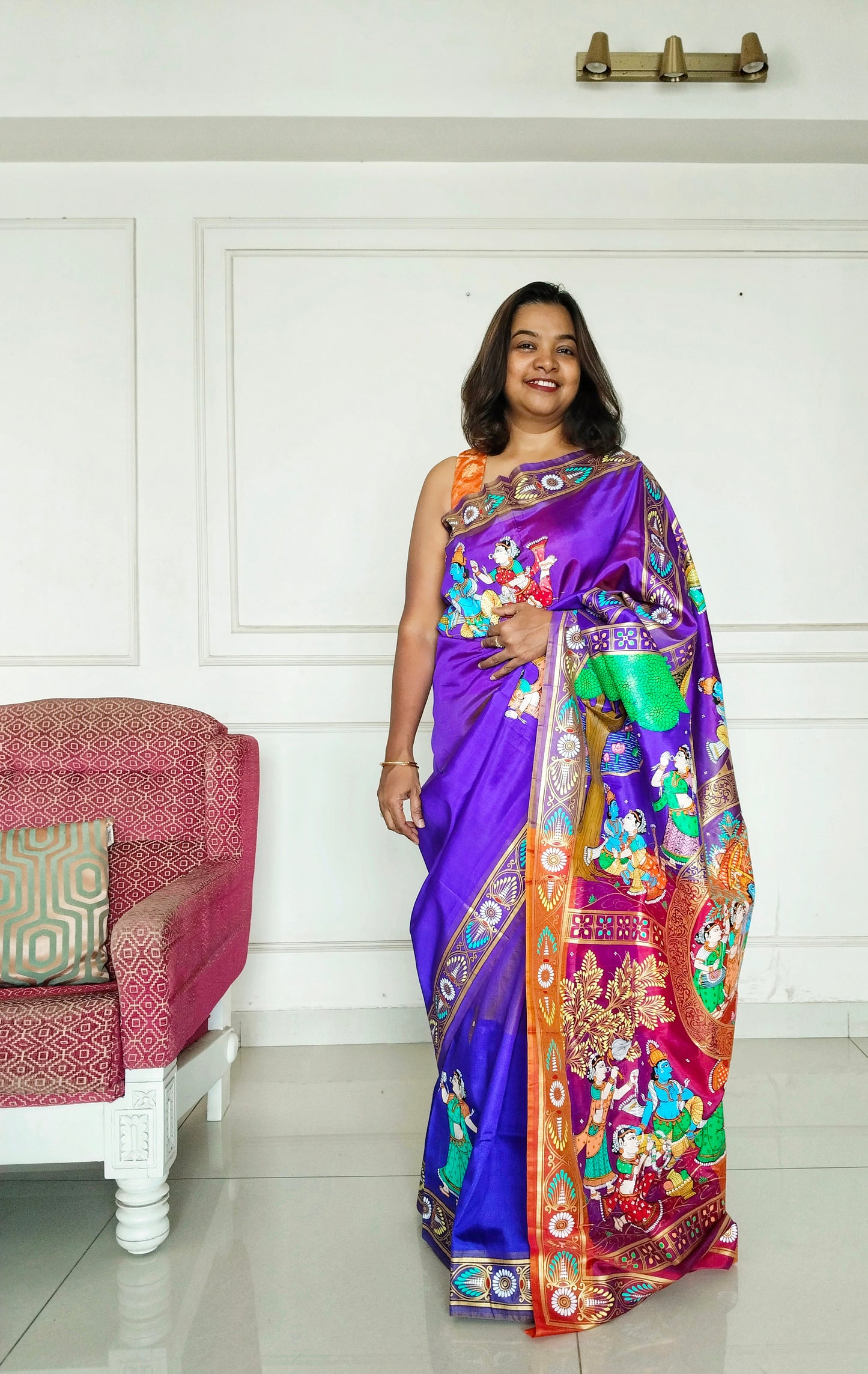 Pure Silk 3D Katan Hand-painted Patachitra Saree - Krishna Seasons