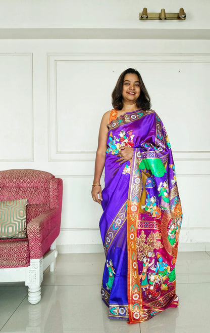 Pure Silk 3D Katan Hand-painted Patachitra Saree - Krishna Seasons
