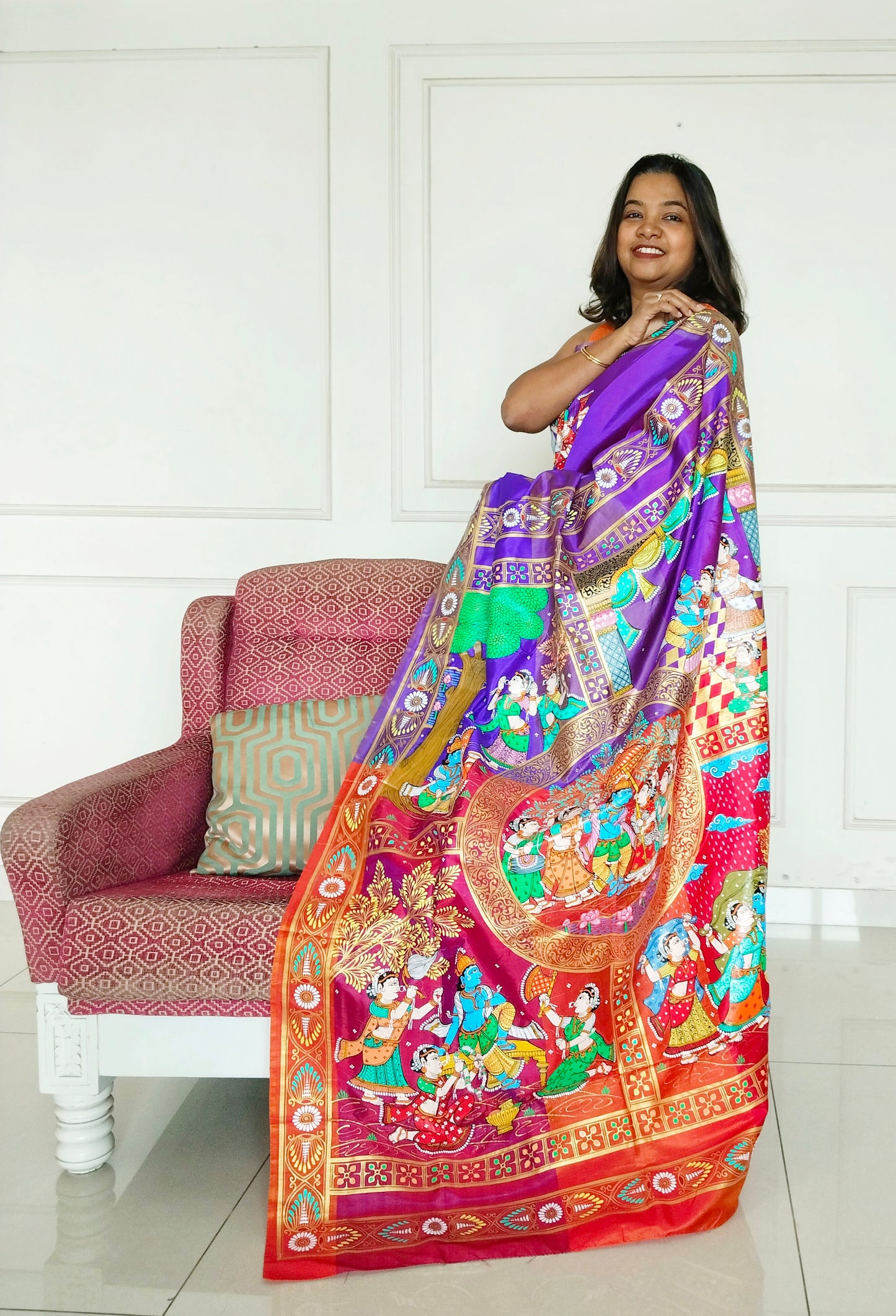 Pure Silk 3D Katan Hand-painted Patachitra Saree - Krishna Seasons