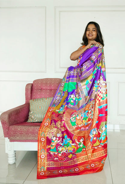 Pure Silk 3D Katan Hand-painted Patachitra Saree - Krishna Seasons