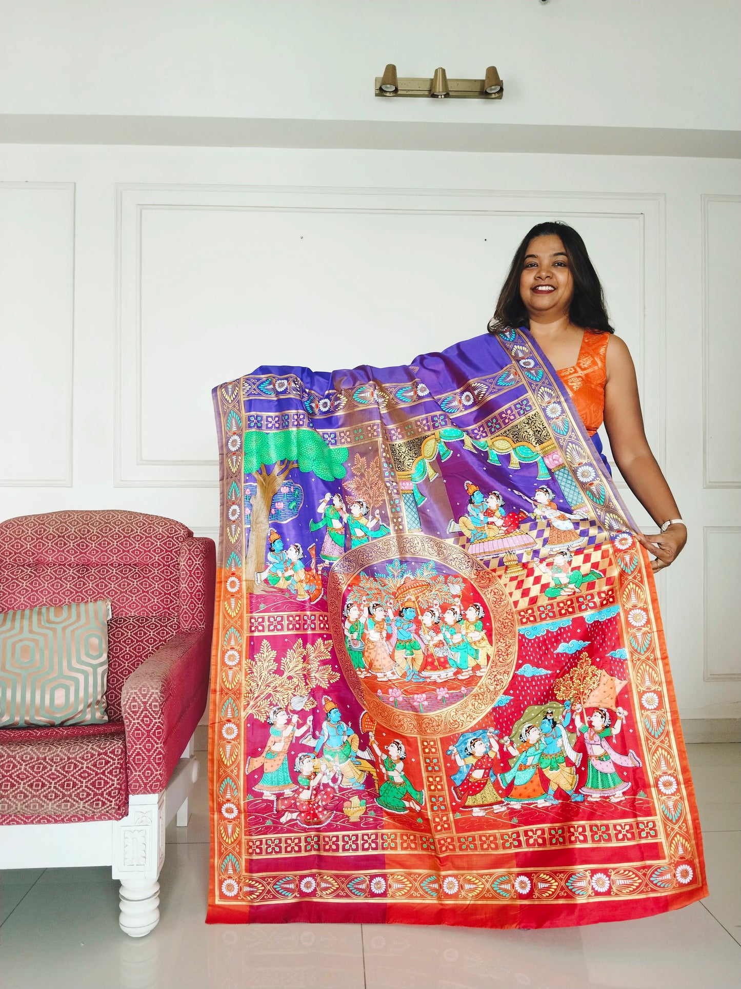 Pure Silk 3D Katan Hand-painted Patachitra Saree - Krishna Seasons
