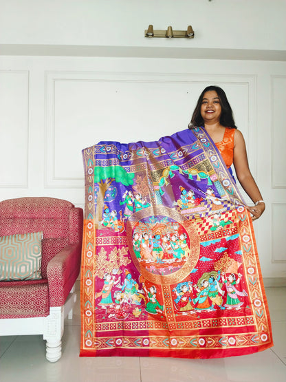 Pure Silk 3D Katan Hand-painted Patachitra Saree - Krishna Seasons