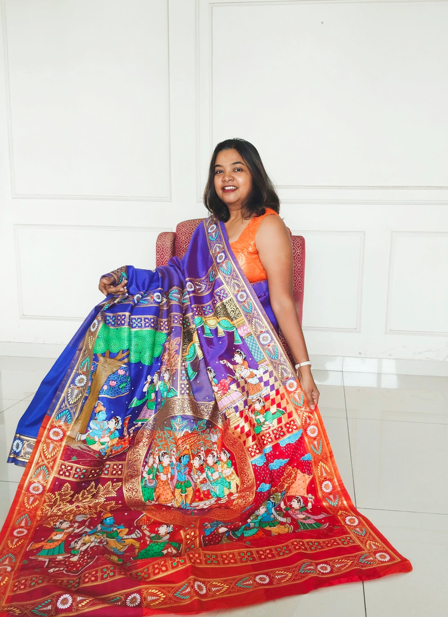 Pure Silk 3D Katan Hand-painted Patachitra Saree - Krishna Seasons
