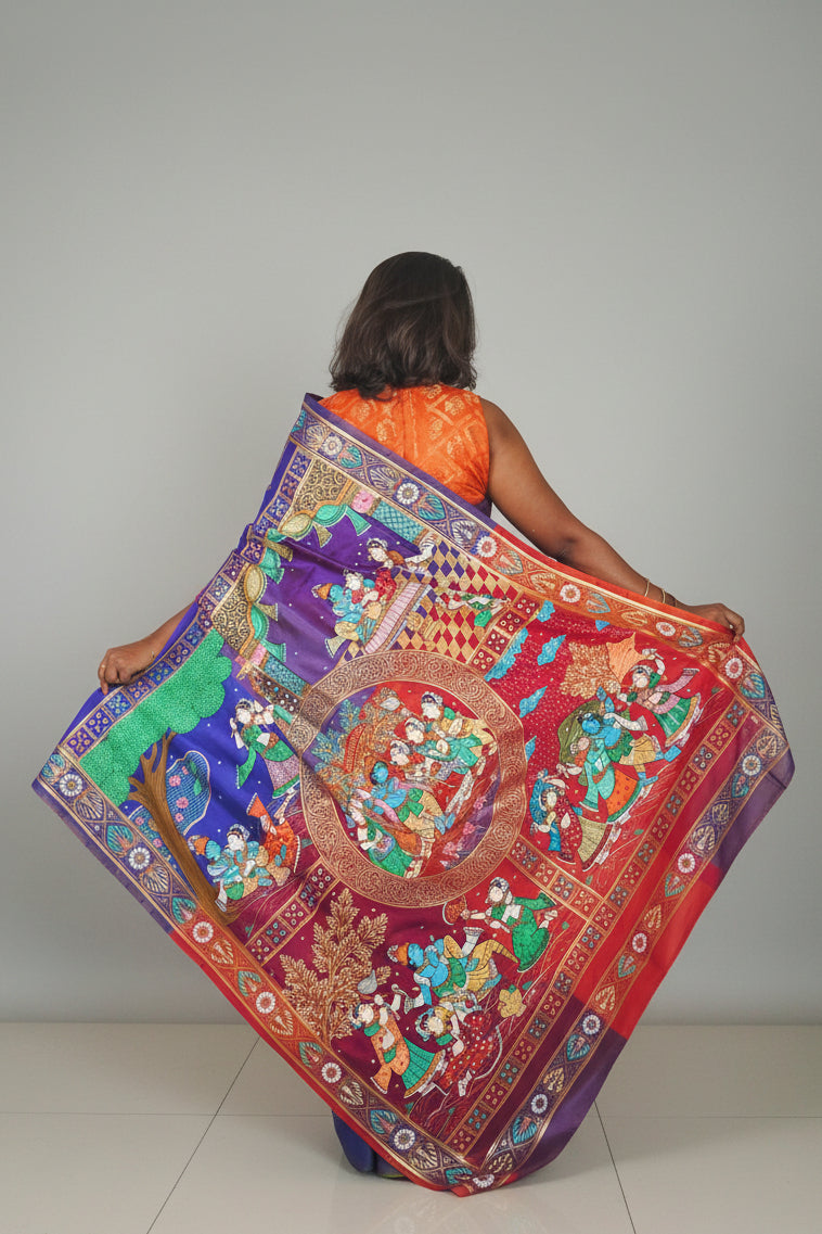 Pure Silk 3D Katan Hand-painted Patachitra Saree - Krishna Seasons