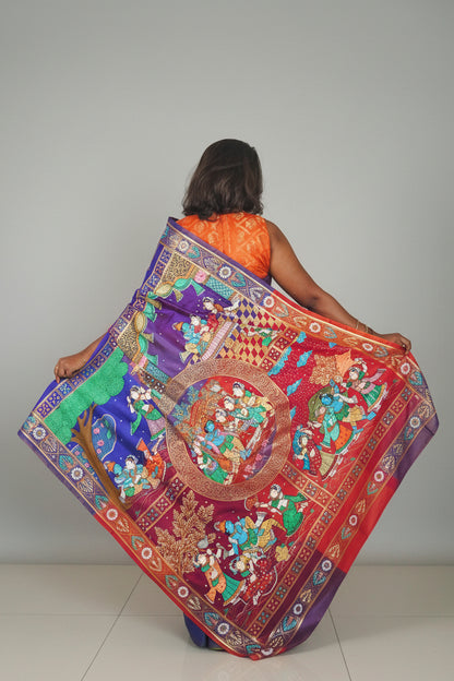 Pure Silk 3D Katan Hand-painted Patachitra Saree - Krishna Seasons