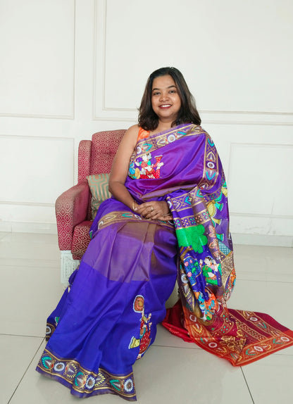 Pure Silk 3D Katan Hand-painted Patachitra Saree - Krishna Seasons