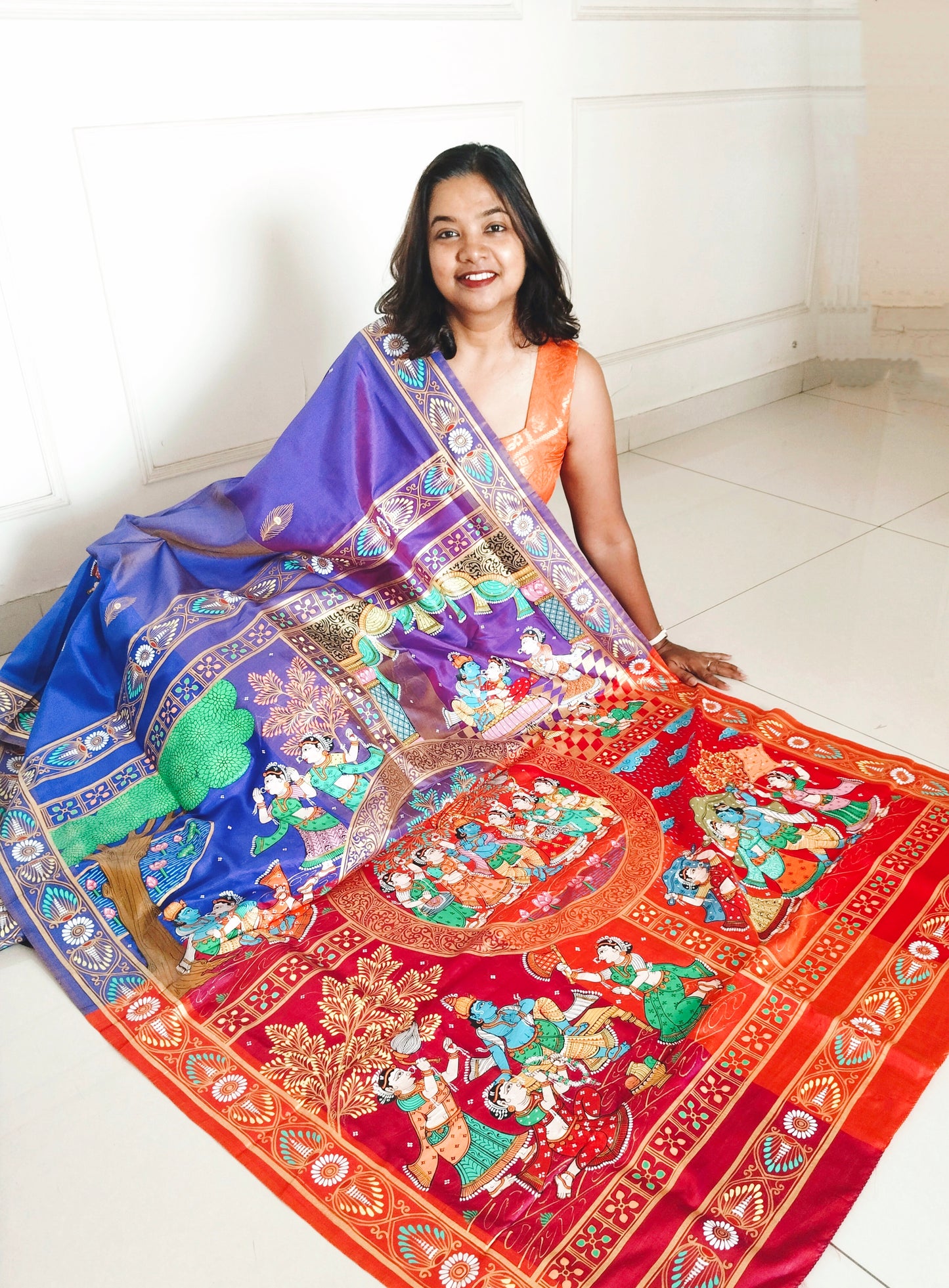 Pure Silk 3D Katan Hand-painted Patachitra Saree - Krishna Seasons