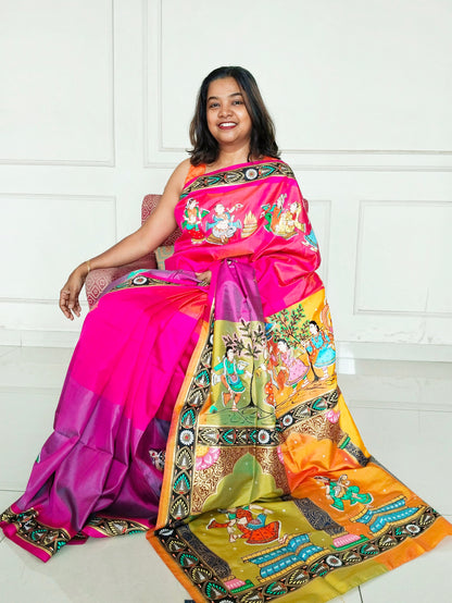 Pure Mulberry Silk Patachitra Bridal Celebration Saree - Click for color options