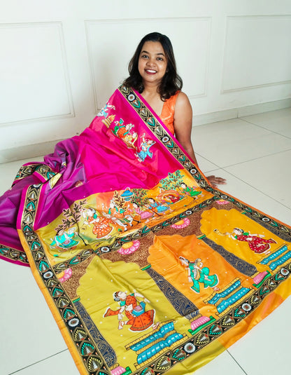 Pure Mulberry Silk Patachitra Bridal Celebration Saree - Click for color options
