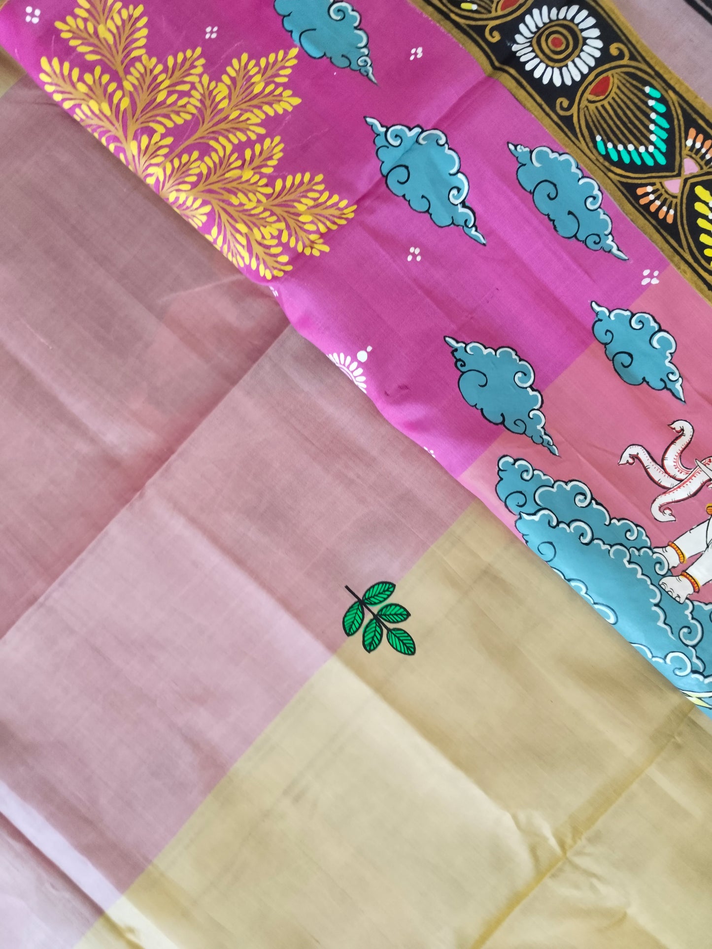 "Divine Indra Puja: Earth Harmony" 3D Katan Mulberry Silk Saree - Signature Saree