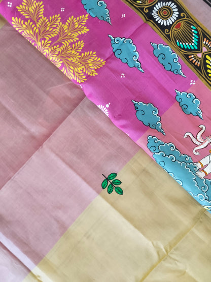 "Divine Indra Puja: Earth Harmony" 3D Katan Mulberry Silk Saree - Signature Saree