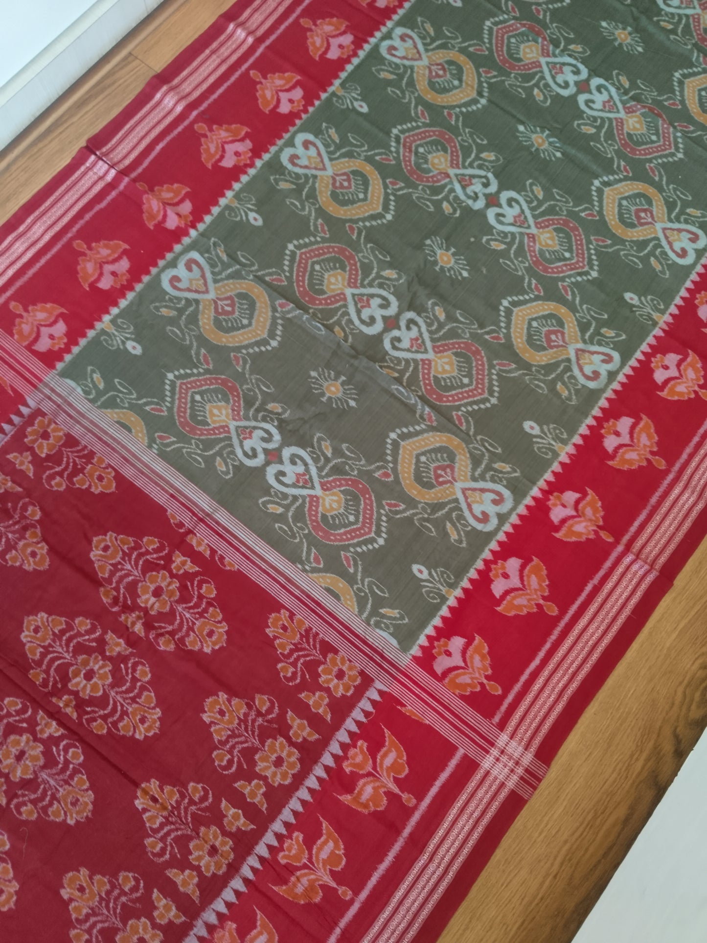 Blooming Earth Handloom Ikkat Cotton Saree - Maroon & Green