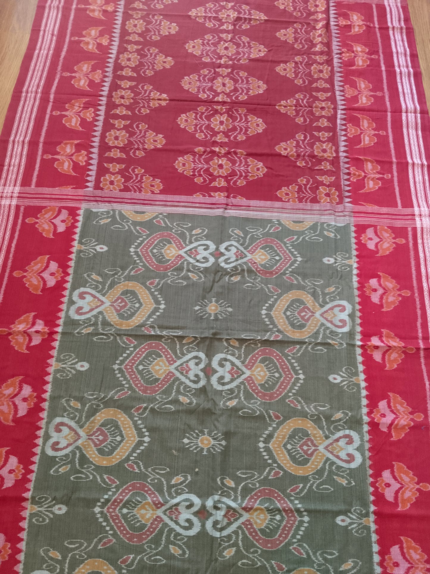 Blooming Earth Handloom Ikkat Cotton Saree - Maroon & Green