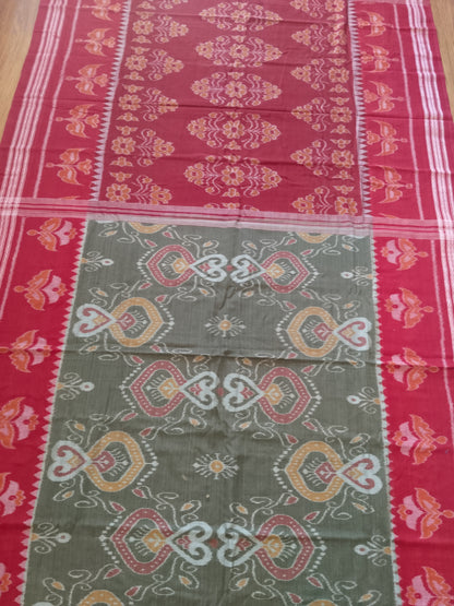 Blooming Earth Handloom Ikkat Cotton Saree - Maroon & Green