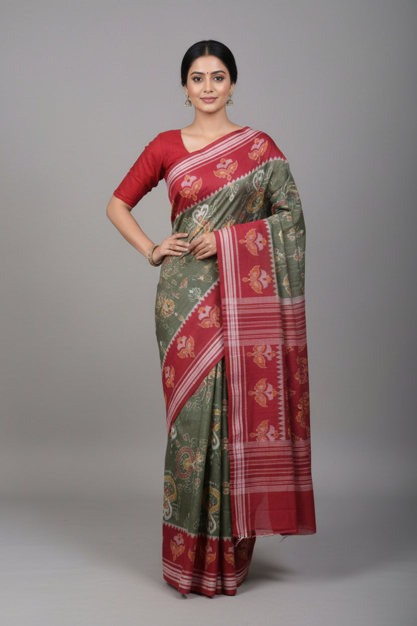 Blooming Earth Handloom Ikkat Cotton Saree - Maroon & Green
