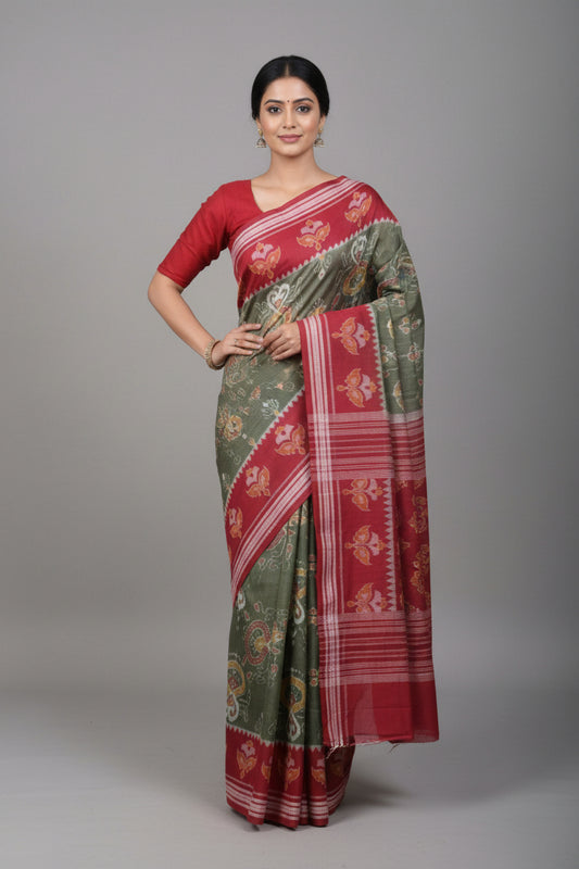 Blooming Earth Handloom Ikkat Cotton Saree - Maroon & Green