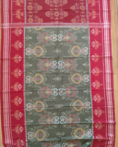 Blooming Earth Handloom Ikkat Cotton Saree - Maroon & Green