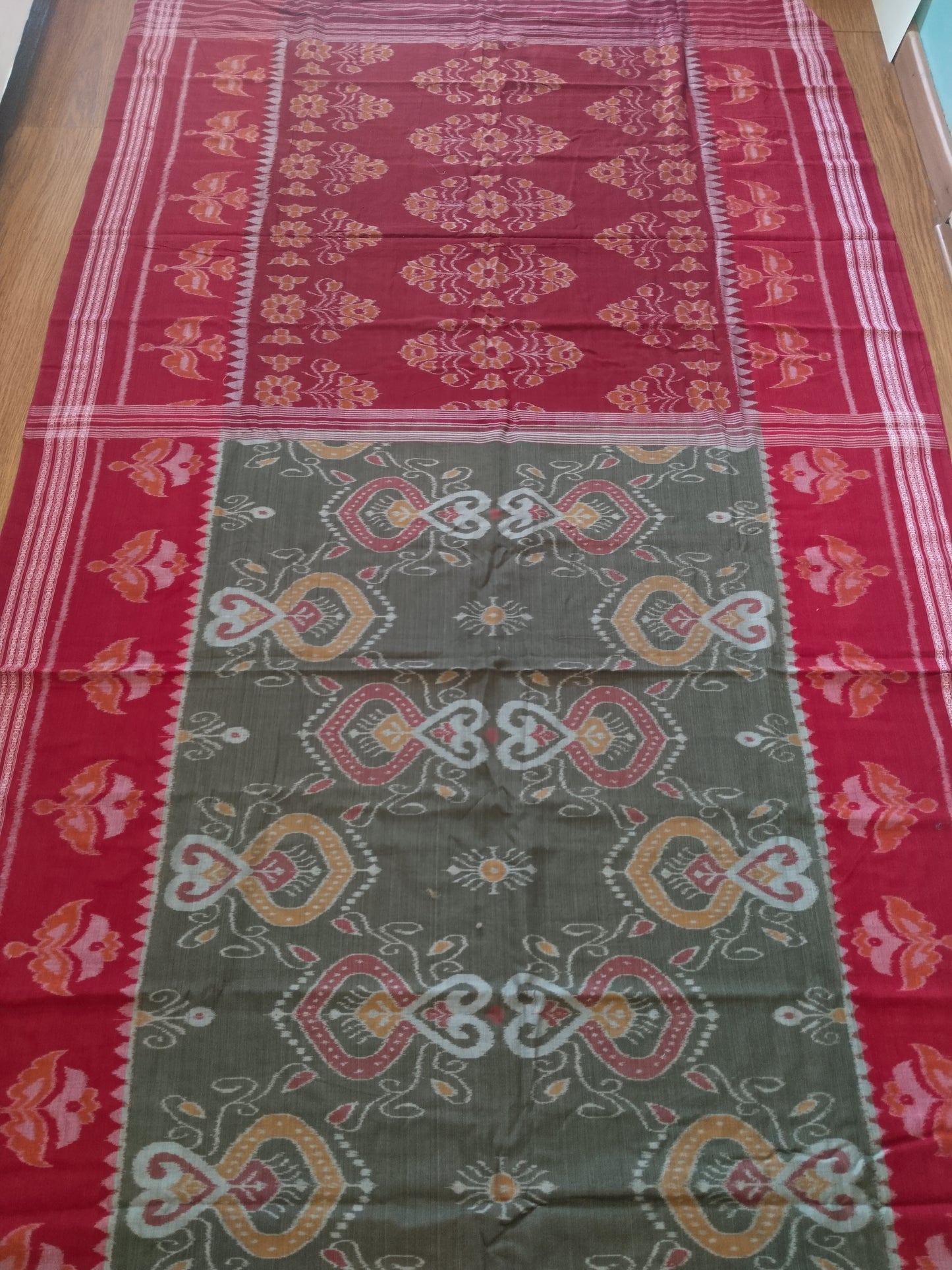 Blooming Earth Handloom Ikkat Cotton Saree - Maroon & Green