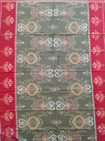 Blooming Earth Handloom Ikkat Cotton Saree - Maroon & Green