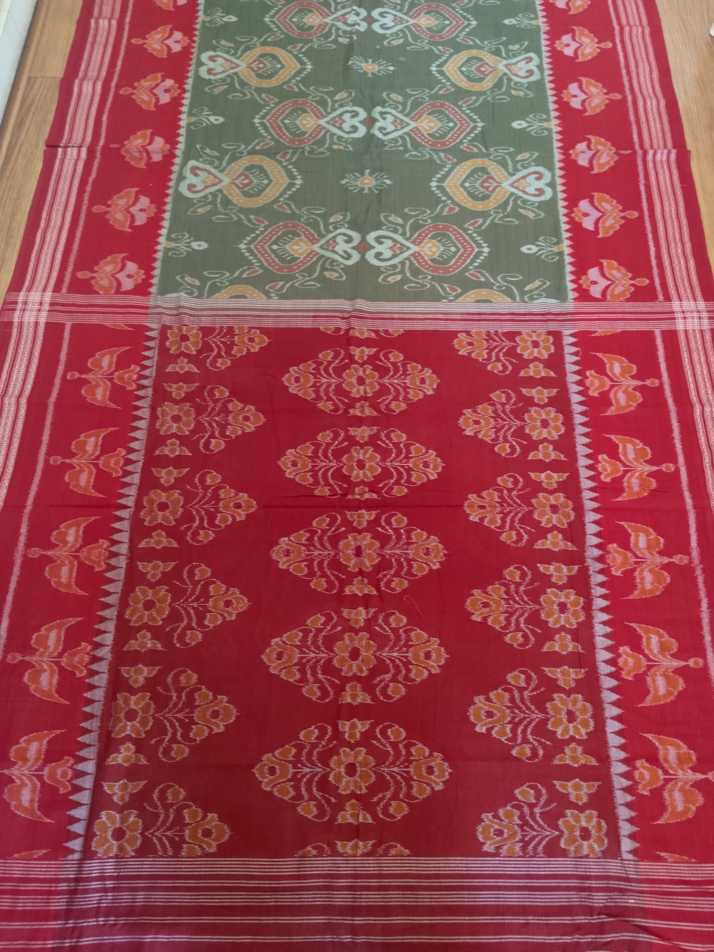 Blooming Earth Handloom Ikkat Cotton Saree - Maroon & Green