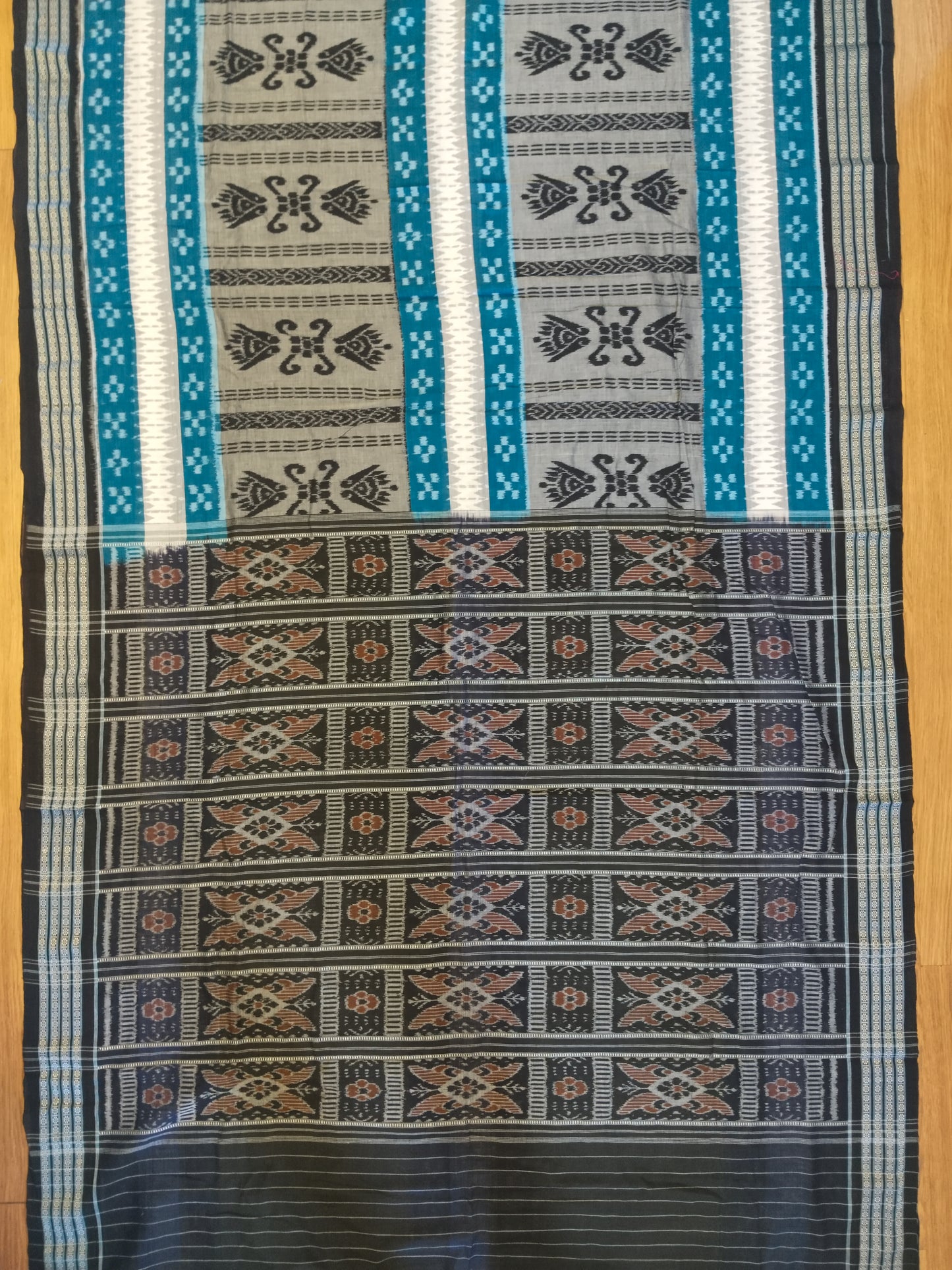 Handwoven Cotton Ikkat Saree in Blue and Black