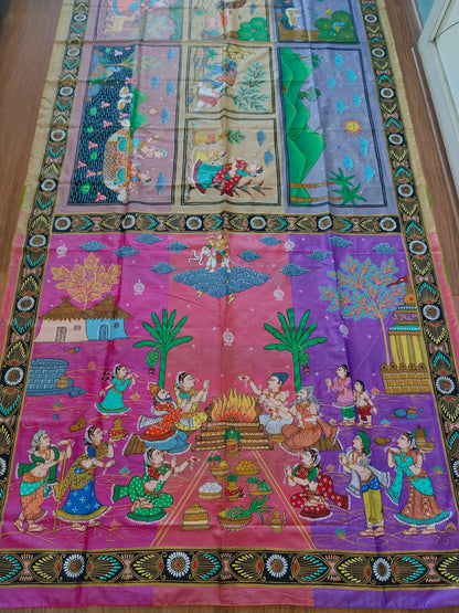 "Divine Indra Puja: Earth Harmony" 3D Katan Mulberry Silk Saree - Signature Saree